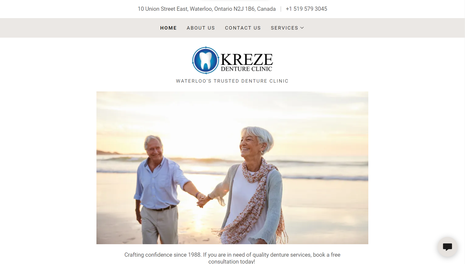 Kreze Denture Clinic website — hero section with clinic branding and beach imagery